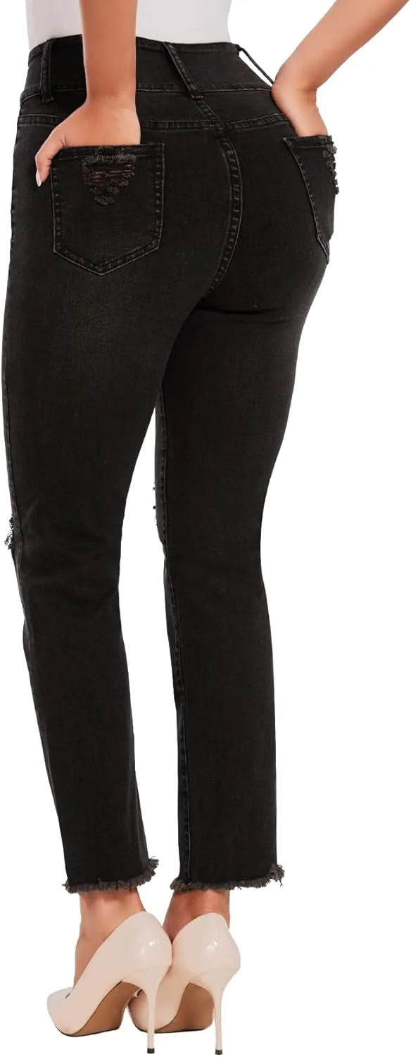 SEASUM Women's High Waisted Jeans Stretch Raw Hem Straight Leg Denim Pants Cargo Jeans with Pockets