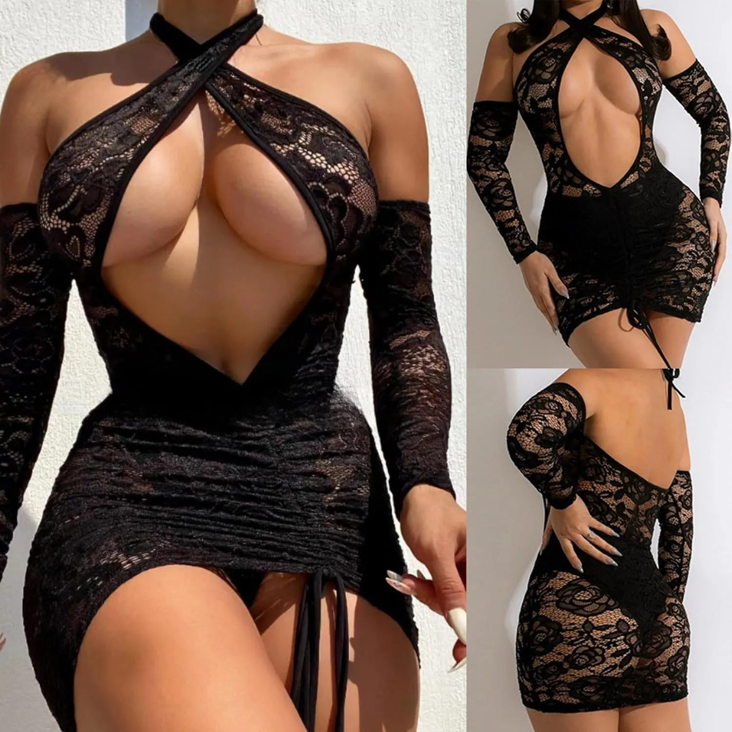Sexy Cutout Lingerie for Women One Piece Sheer Mesh Lace Bodysuit Backless Corset Criss Cross Halterneck Jumpsuit