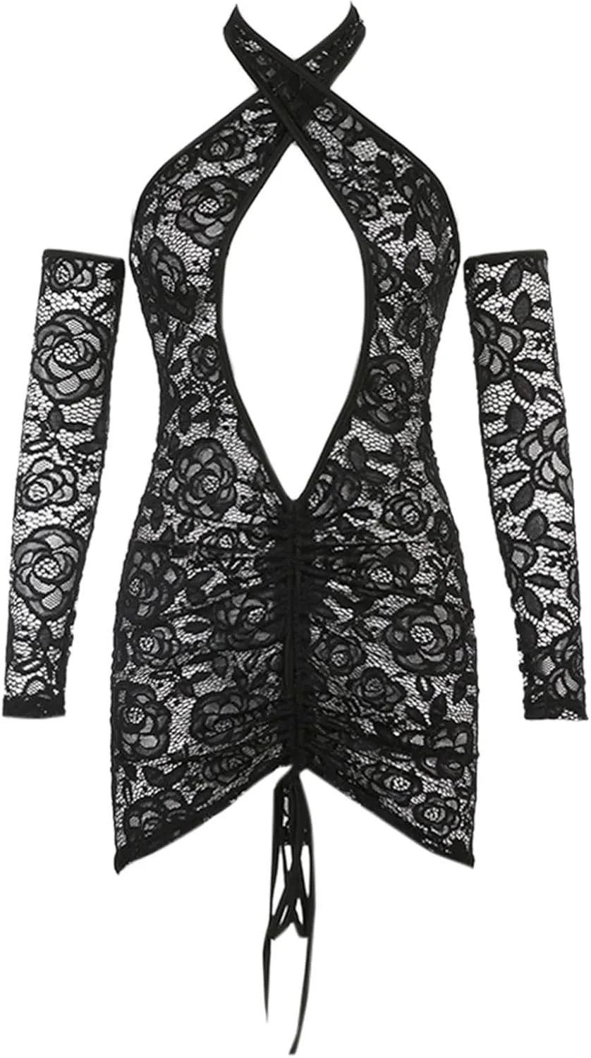 Sexy Cutout Lingerie for Women One Piece Sheer Mesh Lace Bodysuit Backless Corset Criss Cross Halterneck Jumpsuit