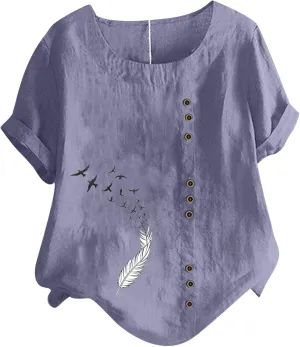 Short Sleeve Cotton Linen Tops for Women Summer 2025 Crewneck Casual Loose Fit Tshirt Lightweight Trendy Blouse