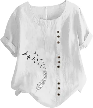 Short Sleeve Cotton Linen Tops for Women Summer 2025 Crewneck Casual Loose Fit Tshirt Lightweight Trendy Blouse