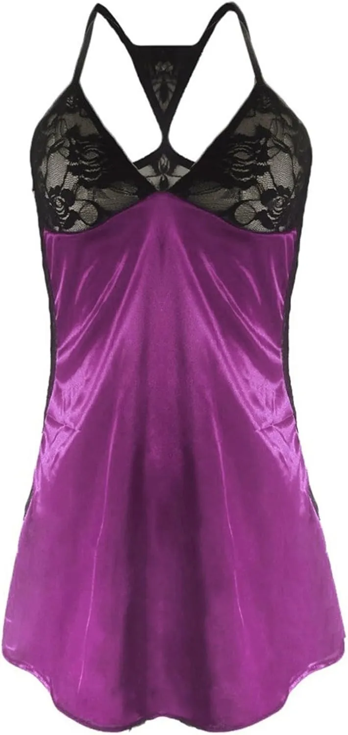 Silky Satin Chemise for Women Mesh Sheer Floral Lace Sexy Lingeries Speghetti Strap See Through Slutty Negligees Purple