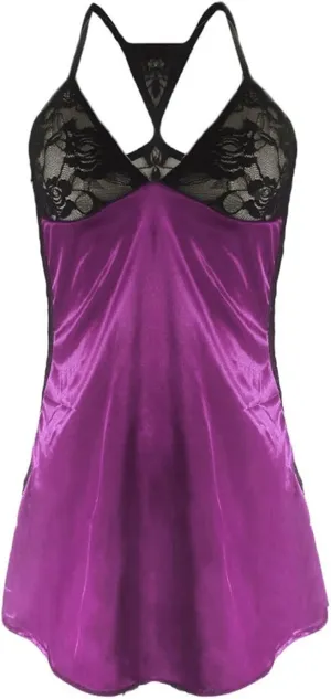 Silky Satin Chemise for Women Mesh Sheer Floral Lace Sexy Lingeries Speghetti Strap See Through Slutty Negligees Purple