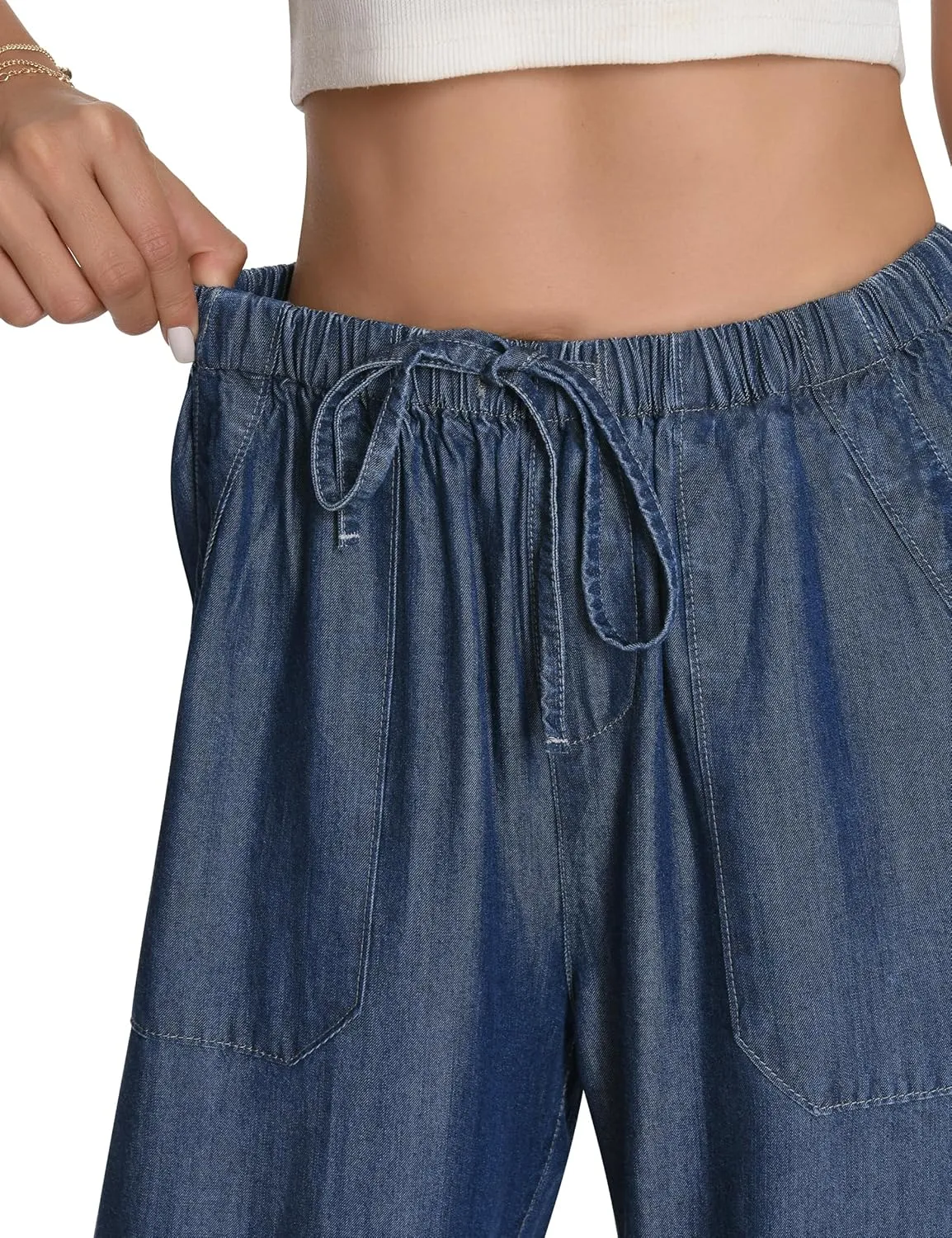 Skirt BL Women's Drawstring Elastic Waist Jeans Pull on Wide Leg Flowy Jeans for Trendy Soft Lightweight Denim Pants