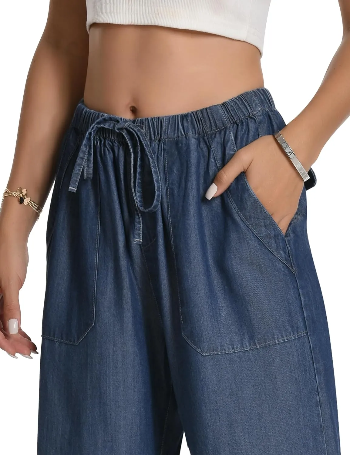 Skirt BL Women's Drawstring Elastic Waist Jeans Pull on Wide Leg Flowy Jeans for Trendy Soft Lightweight Denim Pants