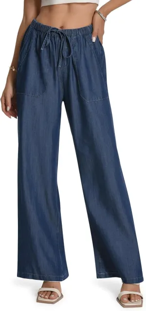 Skirt BL Women's Drawstring Elastic Waist Jeans Pull on Wide Leg Flowy Jeans for Trendy Soft Lightweight Denim Pants