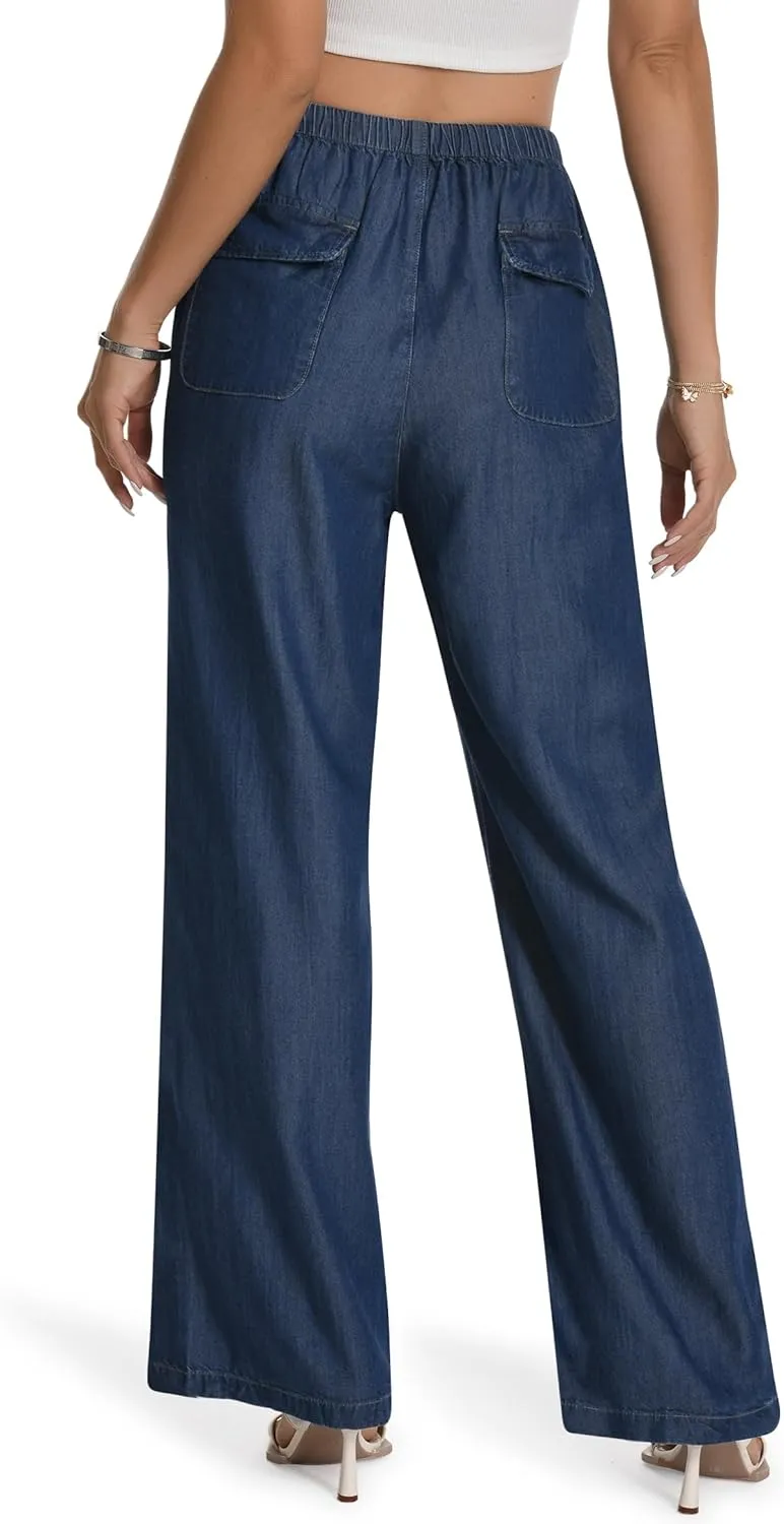 Skirt BL Women's Drawstring Elastic Waist Jeans Pull on Wide Leg Flowy Jeans for Trendy Soft Lightweight Denim Pants