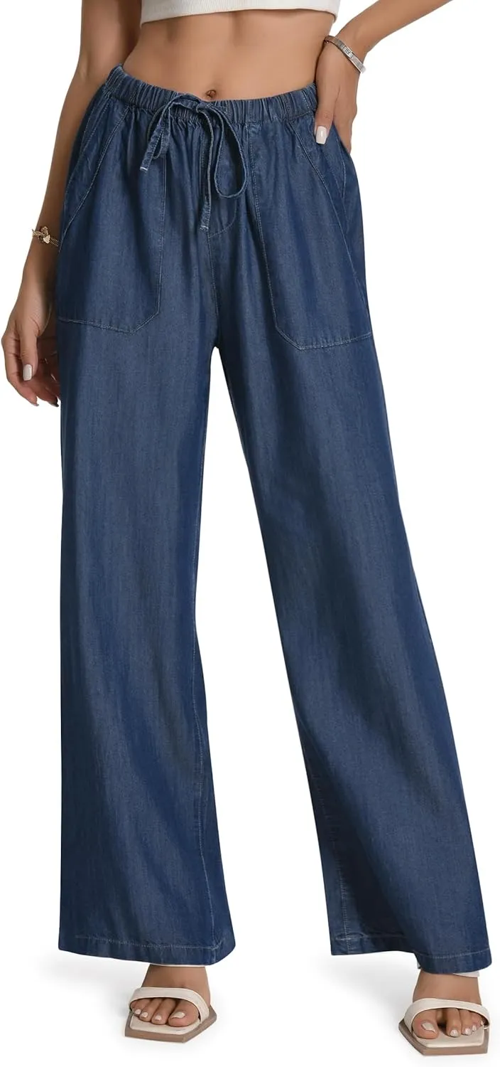 Skirt BL Women's Drawstring Elastic Waist Jeans Pull on Wide Leg Flowy Jeans for Trendy Soft Lightweight Denim Pants