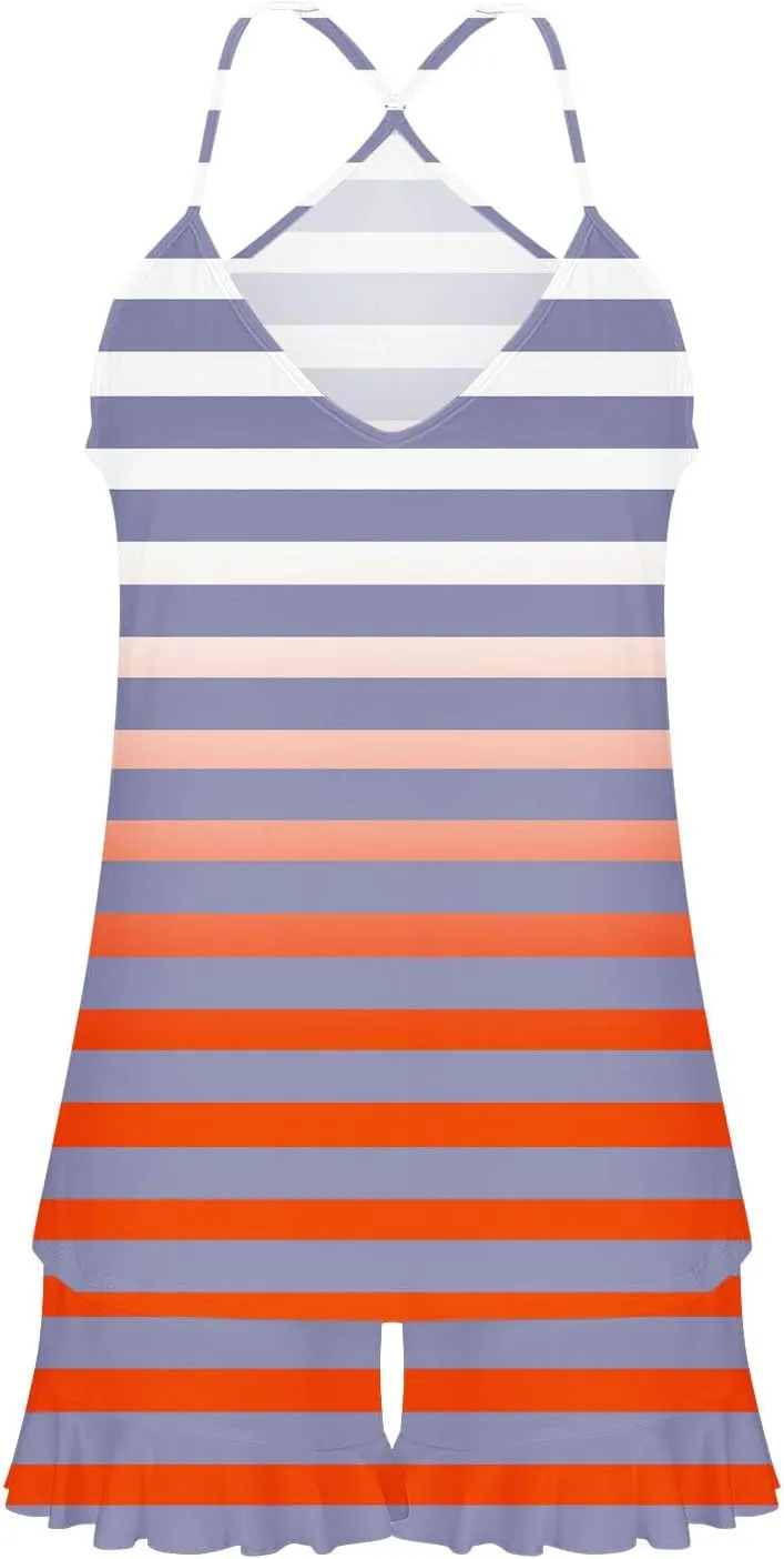 Striped Print Two Piece Pajamas Suits for Women Sleeveless V-Neck Cami Top Tank Lightweight Soft Comfy Sleep Shorts
