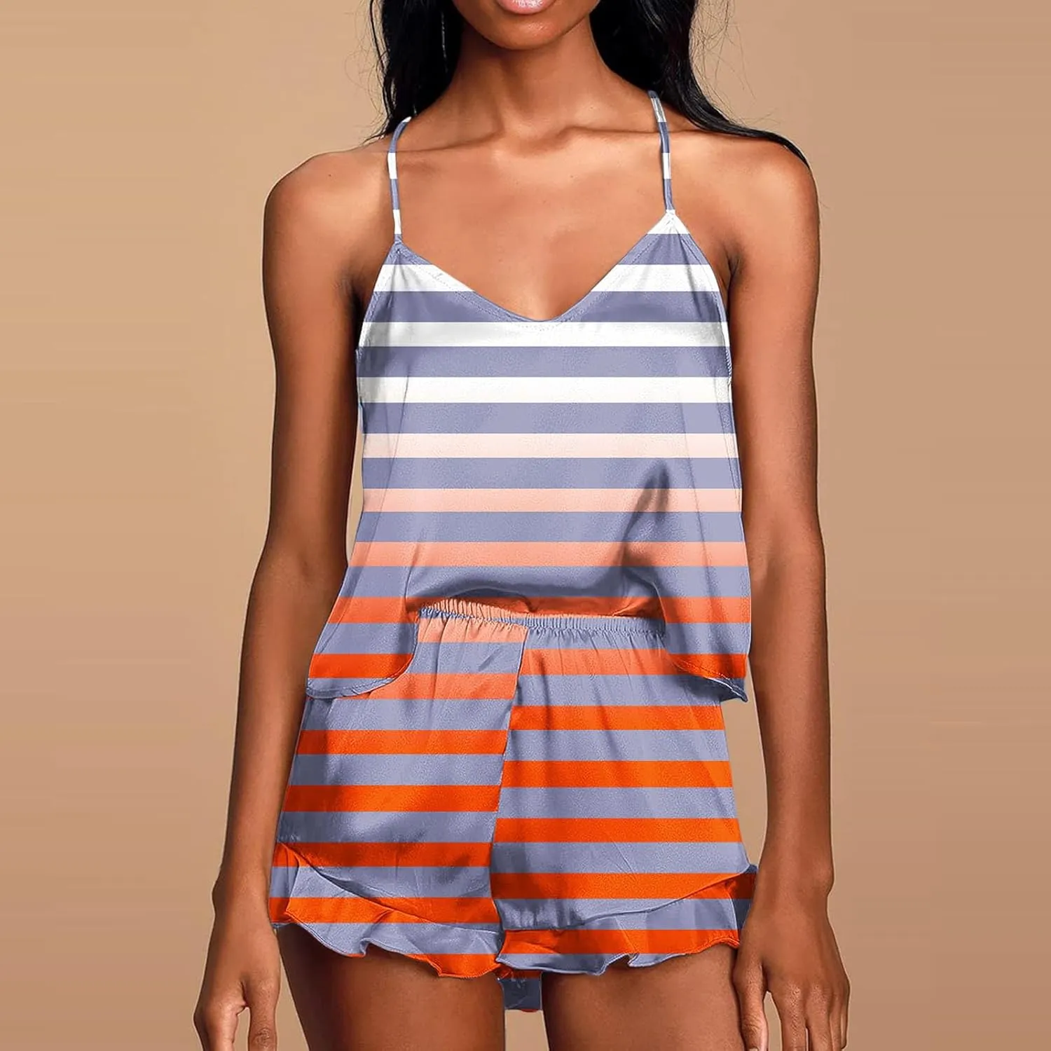 Striped Print Two Piece Pajamas Suits for Women Sleeveless V-Neck Cami Top Tank Lightweight Soft Comfy Sleep Shorts