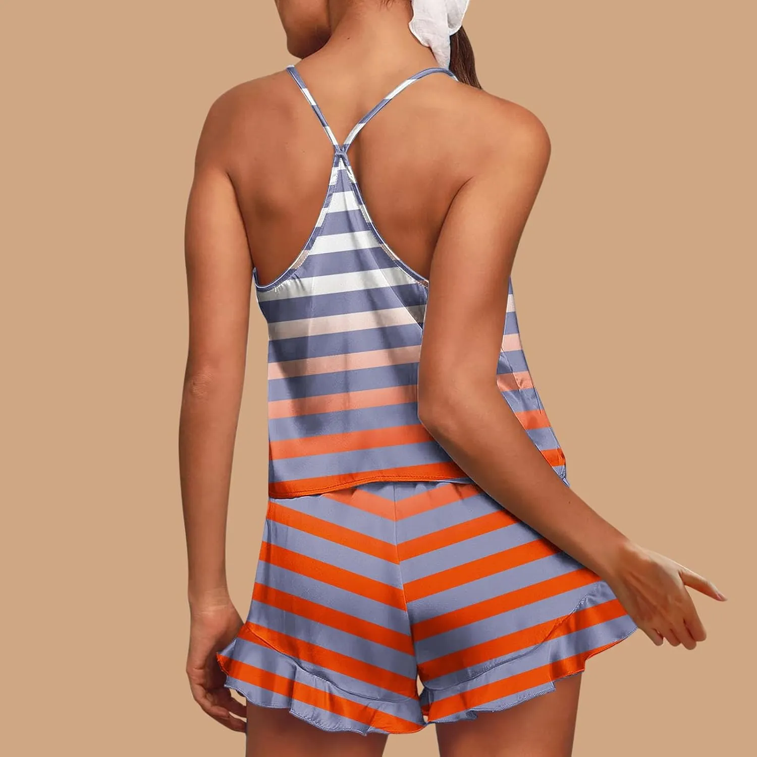Striped Print Two Piece Pajamas Suits for Women Sleeveless V-Neck Cami Top Tank Lightweight Soft Comfy Sleep Shorts