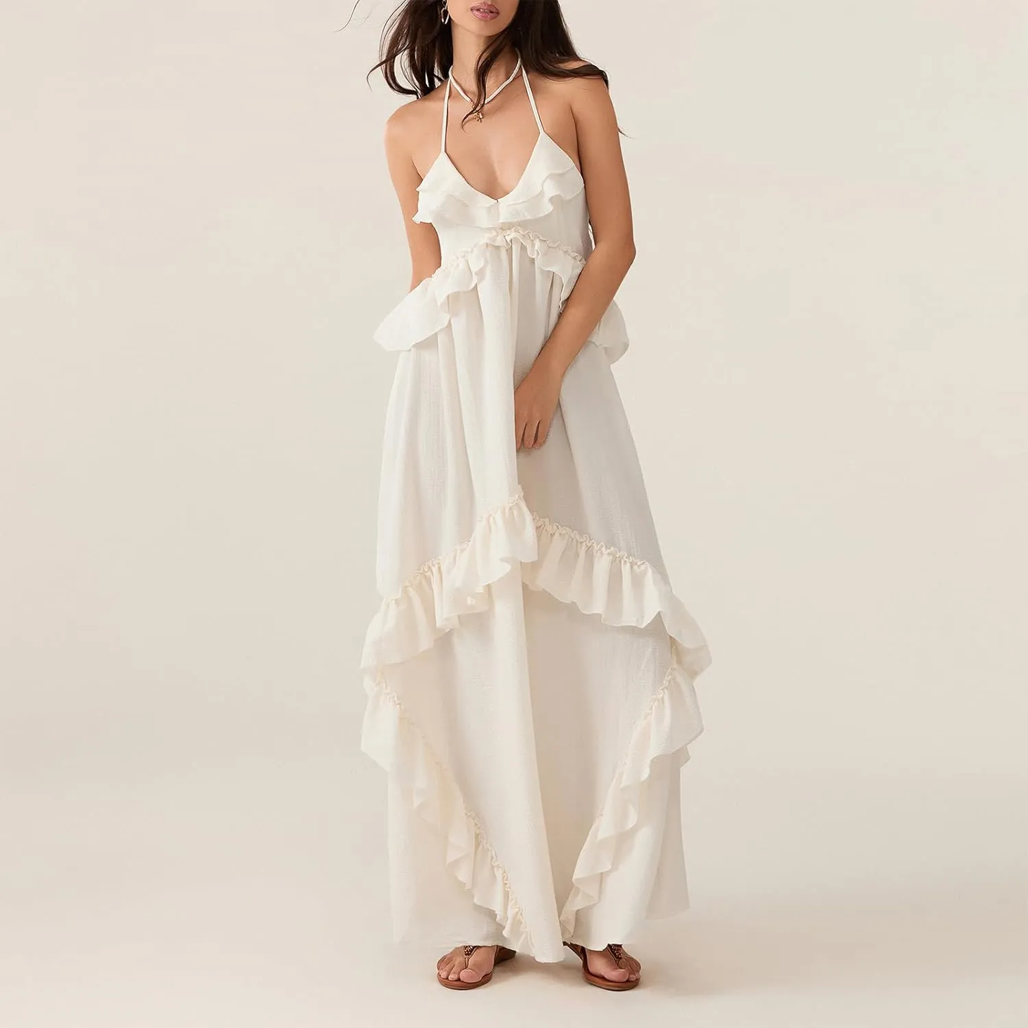 Summer Going Out Floral Swing Boho Maxi Dress Women Casual Sleeveless Loose A-line Ruffle Long Beach Dress