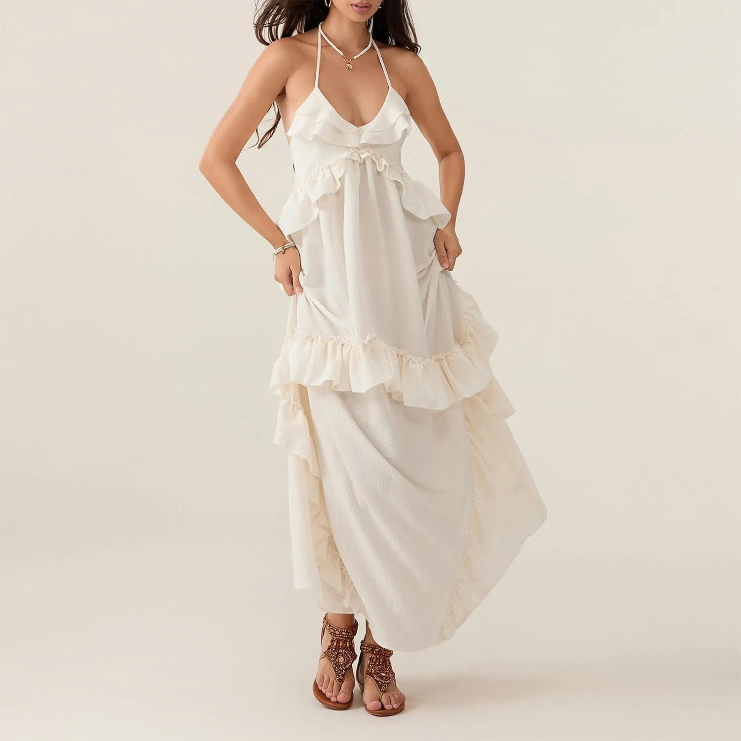 Summer Going Out Floral Swing Boho Maxi Dress Women Casual Sleeveless Loose A-line Ruffle Long Beach Dress