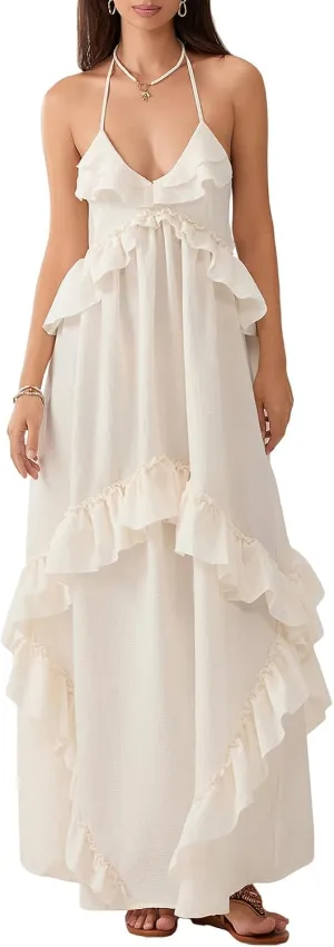 Summer Going Out Floral Swing Boho Maxi Dress Women Casual Sleeveless Loose A-line Ruffle Long Beach Dress