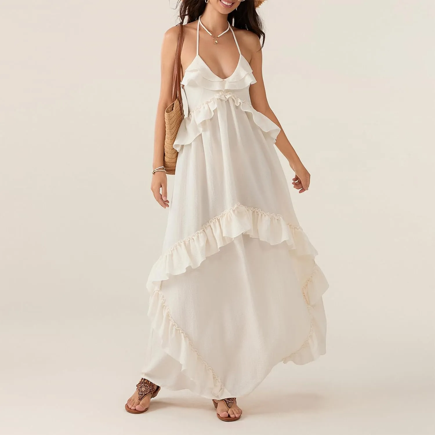 Summer Going Out Floral Swing Boho Maxi Dress Women Casual Sleeveless Loose A-line Ruffle Long Beach Dress