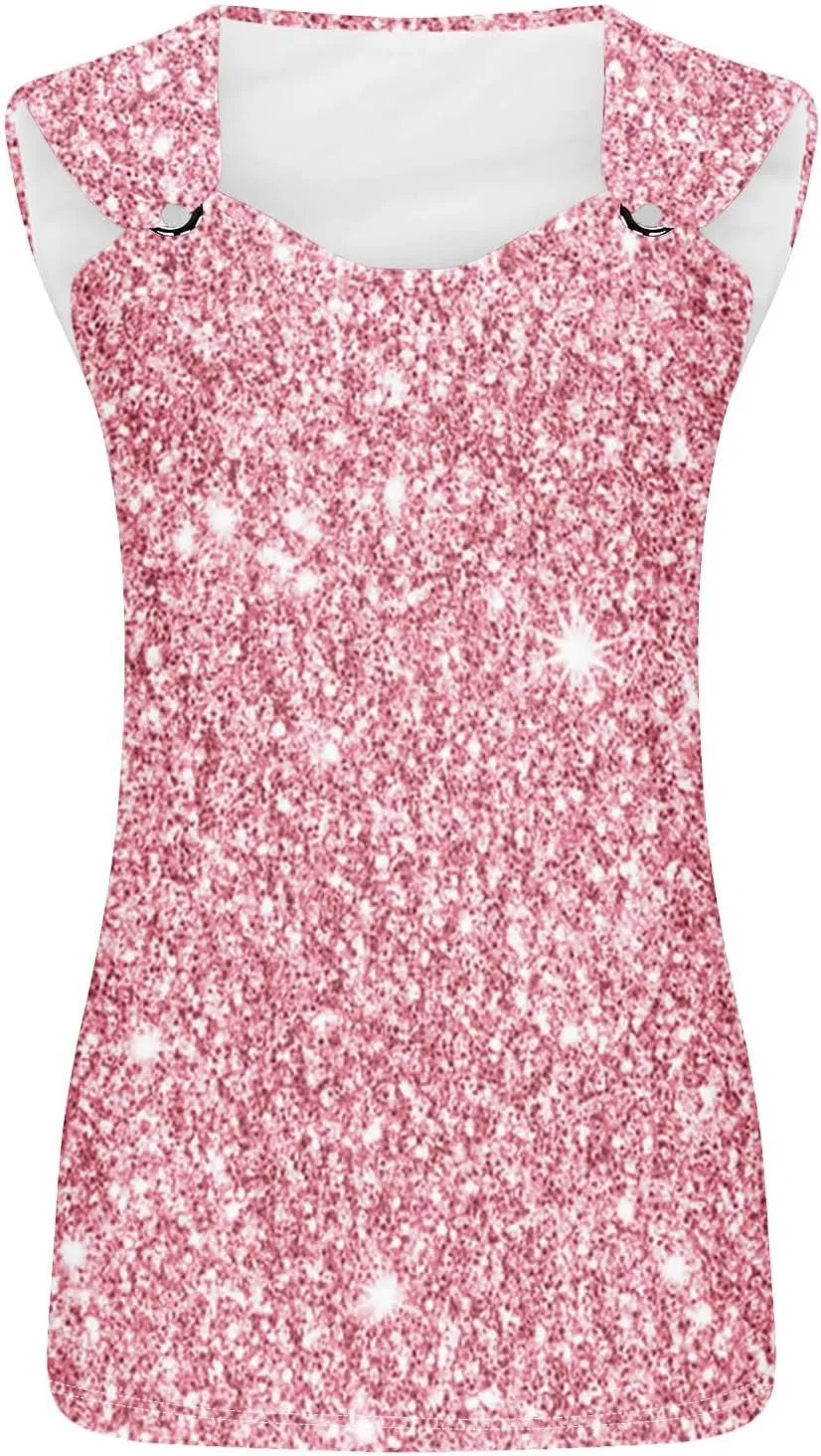 Summer Tank Tops for Women Glitter Print Sleeveless Shirts Scoop Neck O Ring Shoulder Casual Loose Fit Trendy Blouse