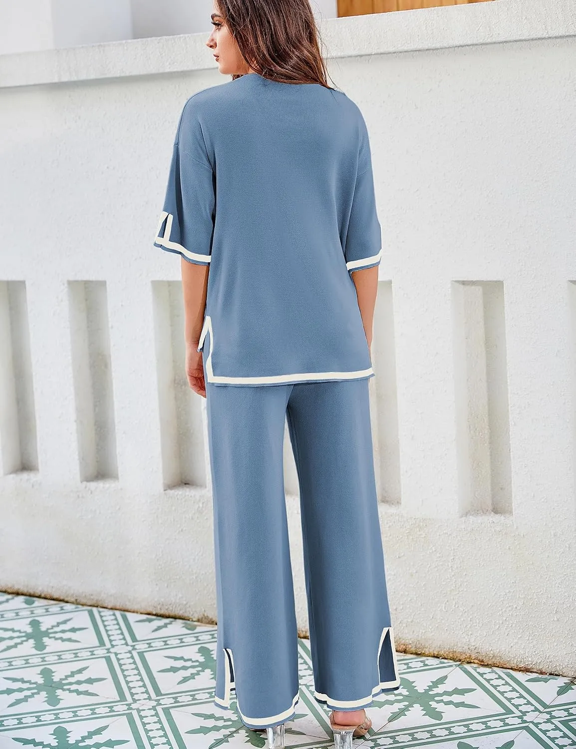 Tanming Sweater Sets Women 2 Piece Lounge Sets Short Sleeve Knit Pullover Tops Wide Leg Pants