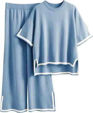 Tanming Sweater Sets Women 2 Piece Lounge Sets Short Sleeve Knit Pullover Tops Wide Leg Pants