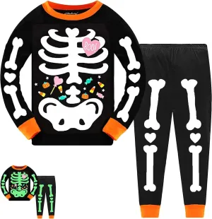 Tkria Kids Pajamas for Boys Skeleton Glow-in-The-Dark Cotton Sleepwear Toddler Clothes Halloween Outfit Size 1-7T…