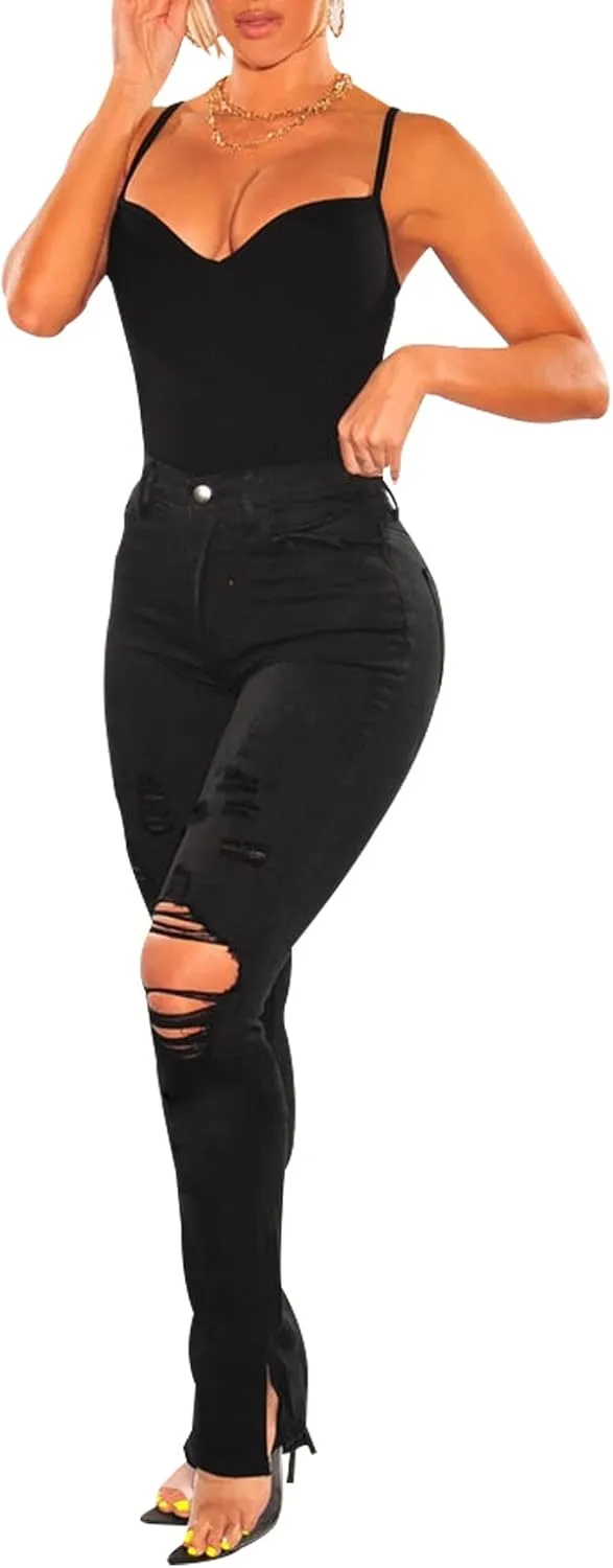 TodTan Women's Skinny Jeans Ripped Mid Rise Stretch Destroyed Denim Pants Jeans