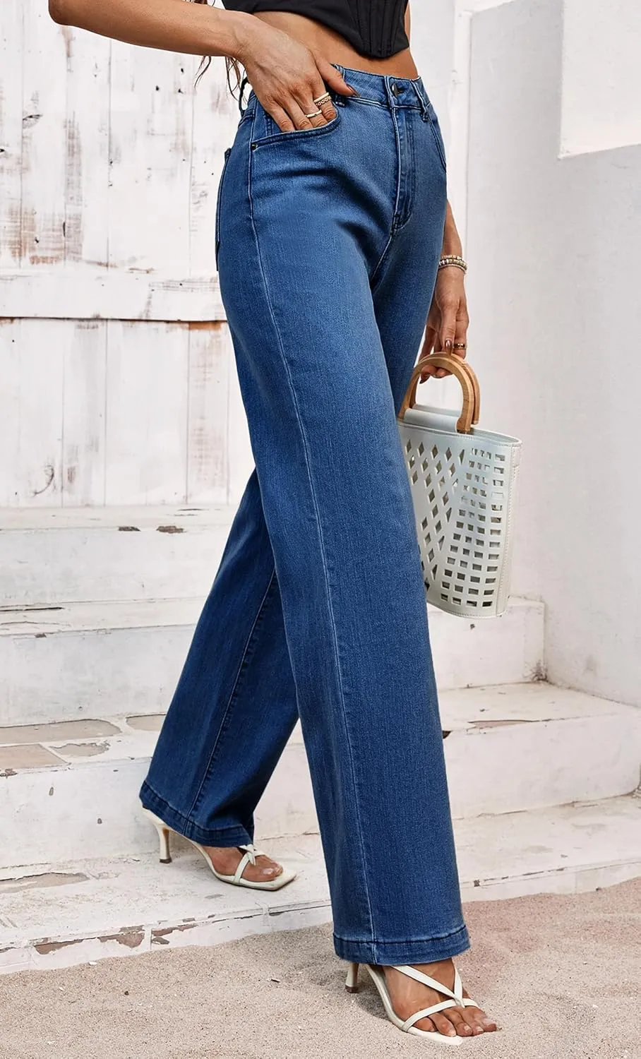 Tsher Womens Jeans Mid Waisted Straight Leg Loose Stretchy Lightweight Tummy Control Trendy Jeans for Women