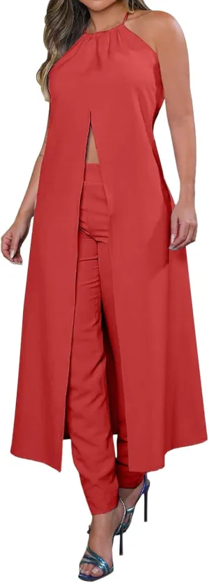 Two Piece Set for Women Halter Neck Sleeveless Backless Tops High Waist Trousers Set Fashion Lounge Outfit 2025