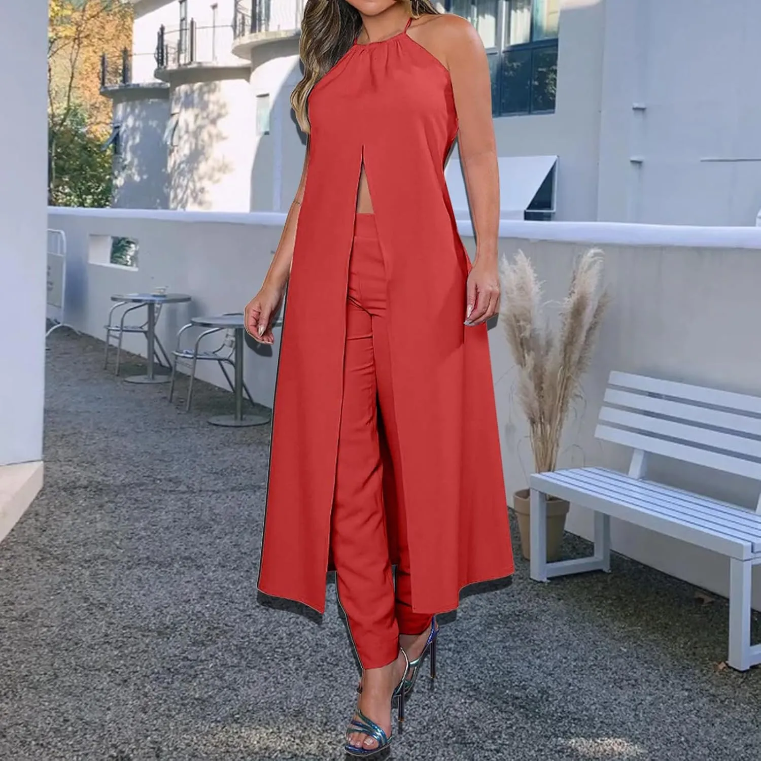 Two Piece Set for Women Halter Neck Sleeveless Backless Tops High Waist Trousers Set Fashion Lounge Outfit 2025