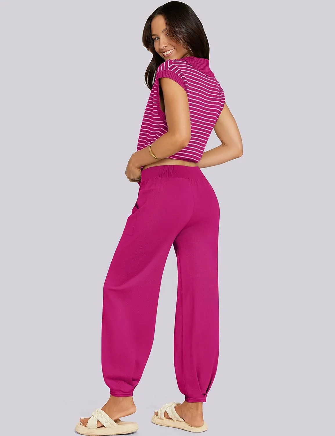 UEU Women's 2 Piece Outfits 2025 Summer Striped Knit Sweater Vest Top & Pants Casual Travel Matching Trendy Lounge Sets