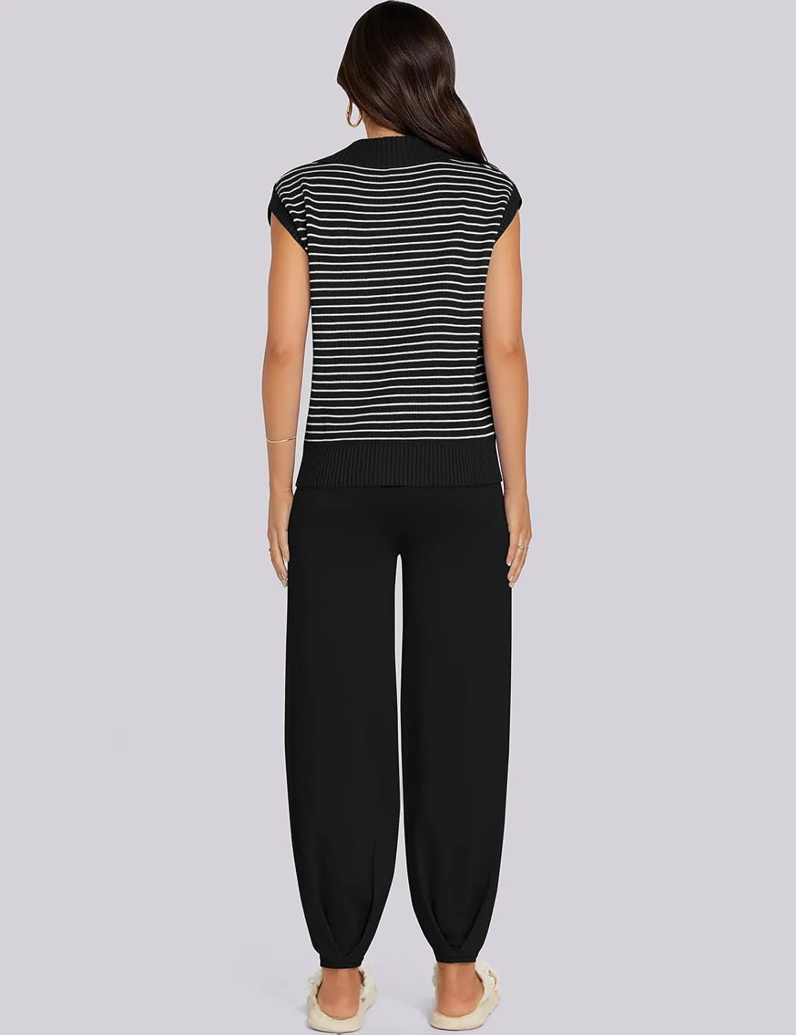 UEU Women's 2 Piece Outfits 2025 Summer Striped Knit Sweater Vest Top & Pants Casual Travel Matching Trendy Lounge Sets
