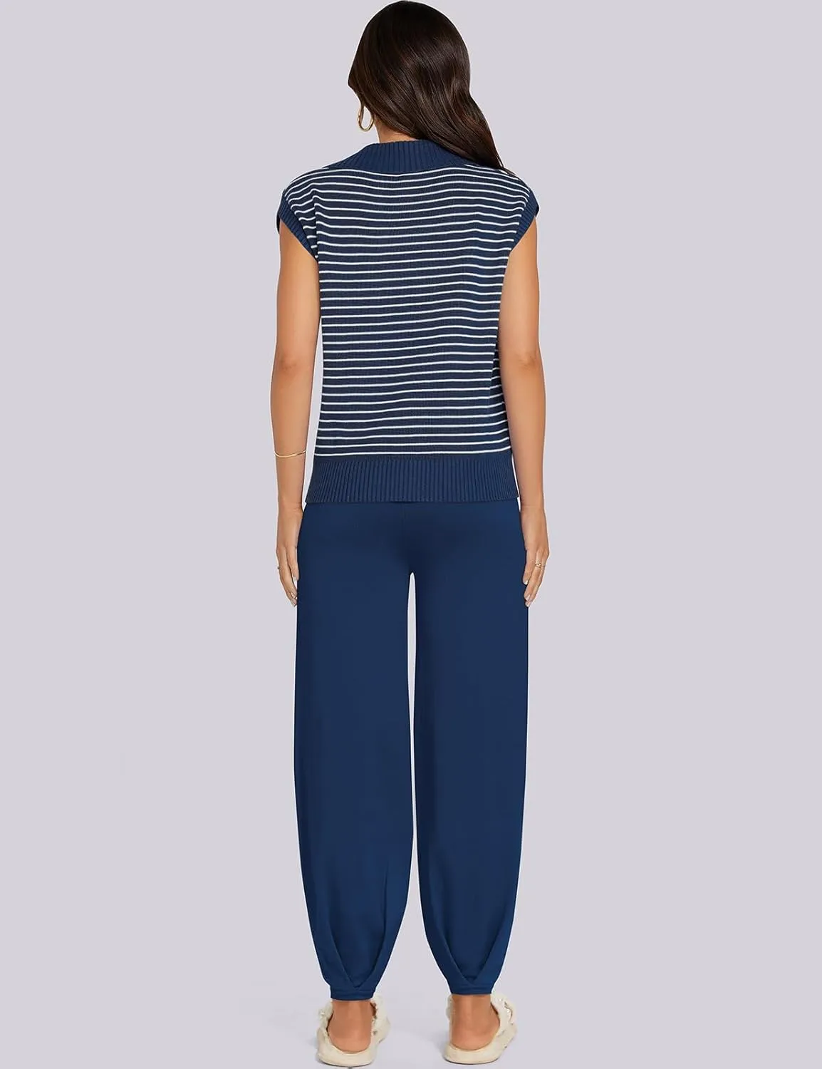 UEU Women's 2 Piece Outfits 2025 Summer Striped Knit Sweater Vest Top & Pants Casual Travel Matching Trendy Lounge Sets