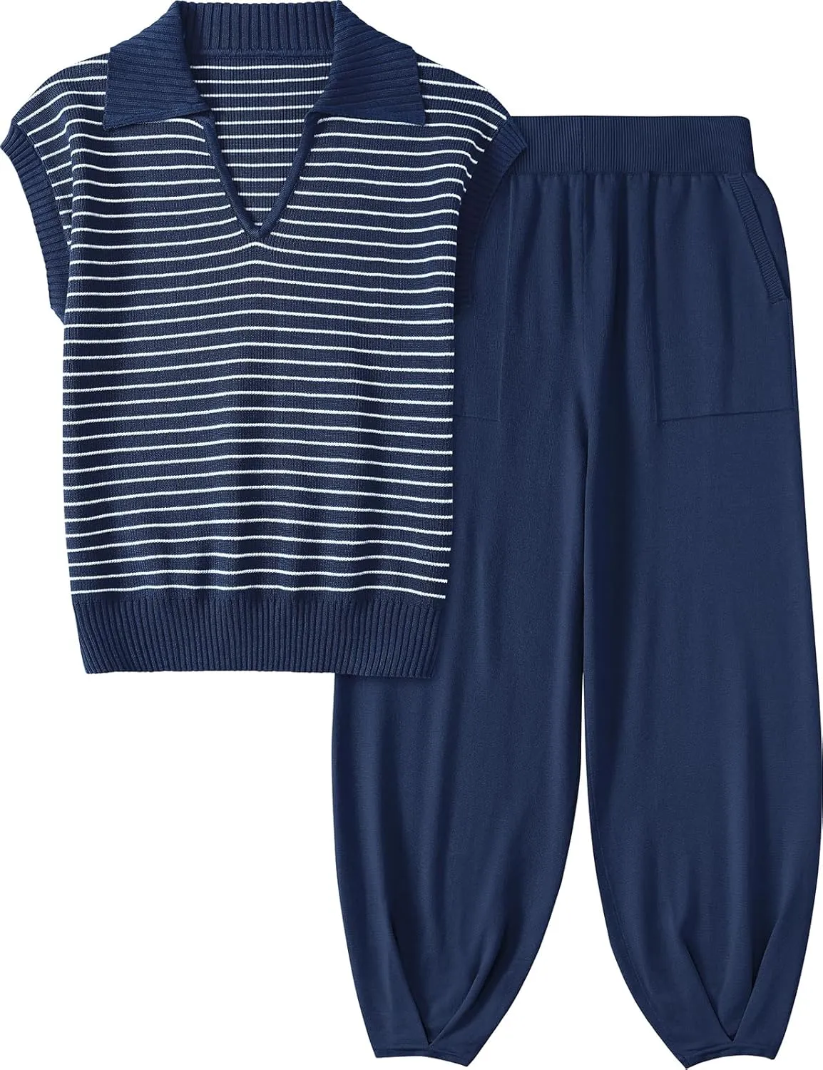 UEU Women's 2 Piece Outfits 2025 Summer Striped Knit Sweater Vest Top & Pants Casual Travel Matching Trendy Lounge Sets