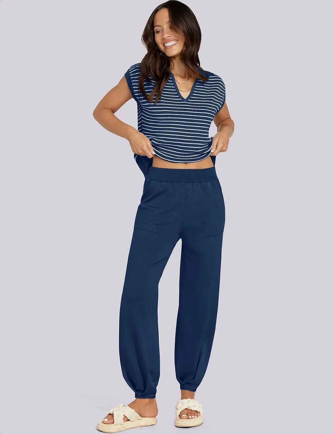 UEU Women's 2 Piece Outfits 2025 Summer Striped Knit Sweater Vest Top & Pants Casual Travel Matching Trendy Lounge Sets