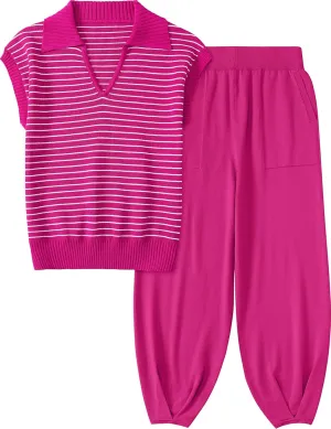 UEU Women's 2 Piece Outfits 2025 Summer Striped Knit Sweater Vest Top & Pants Casual Travel Matching Trendy Lounge Sets