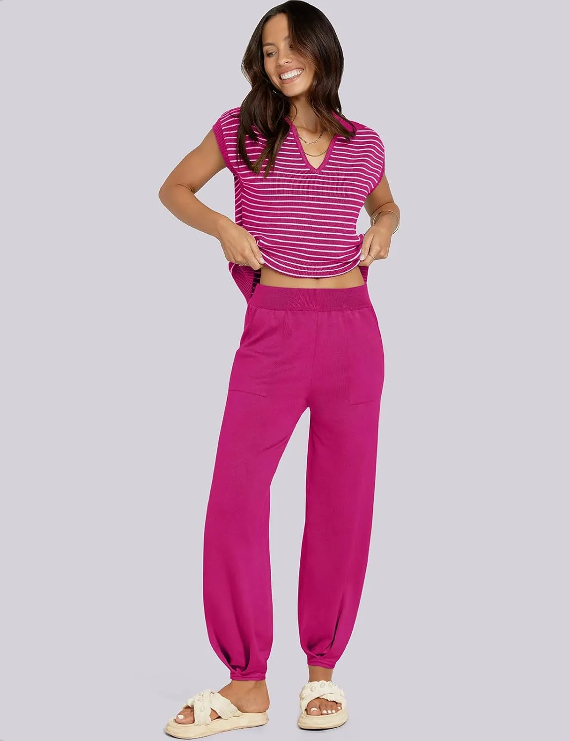 UEU Women's 2 Piece Outfits 2025 Summer Striped Knit Sweater Vest Top & Pants Casual Travel Matching Trendy Lounge Sets