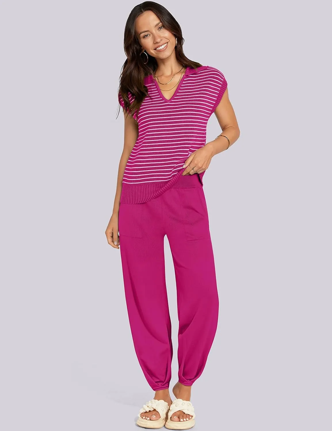 UEU Women's 2 Piece Outfits 2025 Summer Striped Knit Sweater Vest Top & Pants Casual Travel Matching Trendy Lounge Sets
