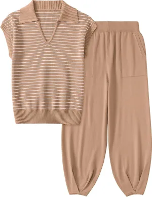 UEU Women's 2 Piece Outfits 2025 Summer Striped Knit Sweater Vest Top & Pants Casual Travel Matching Trendy Lounge Sets