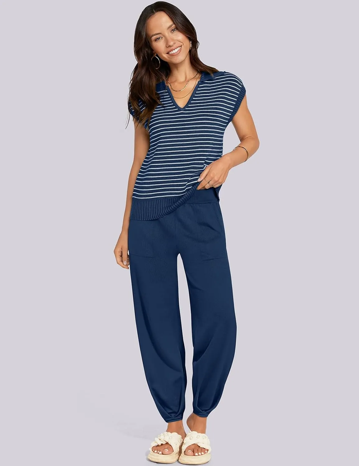 UEU Women's 2 Piece Outfits 2025 Summer Striped Knit Sweater Vest Top & Pants Casual Travel Matching Trendy Lounge Sets