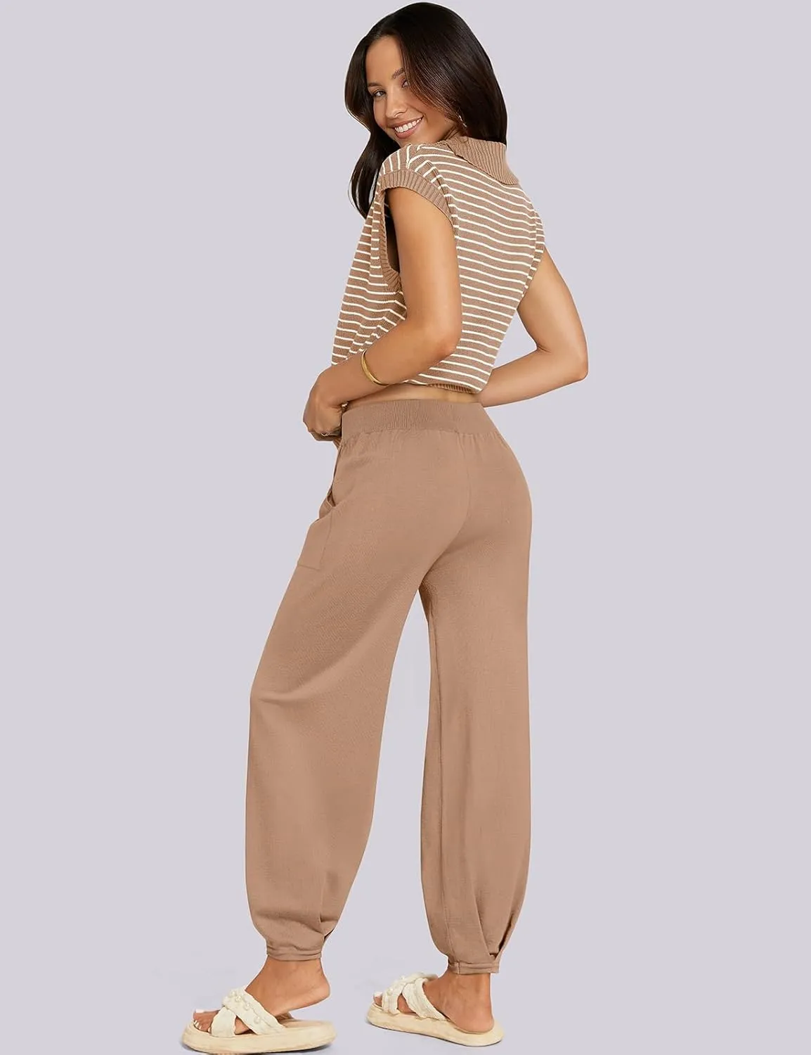 UEU Women's 2 Piece Outfits 2025 Summer Striped Knit Sweater Vest Top & Pants Casual Travel Matching Trendy Lounge Sets