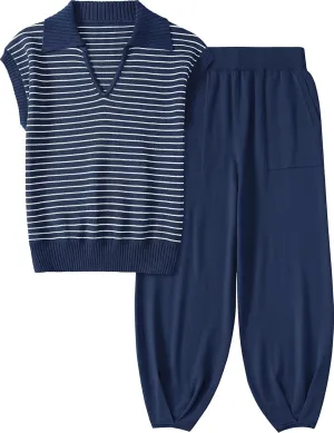 UEU Women's 2 Piece Outfits 2025 Summer Striped Knit Sweater Vest Top & Pants Casual Travel Matching Trendy Lounge Sets