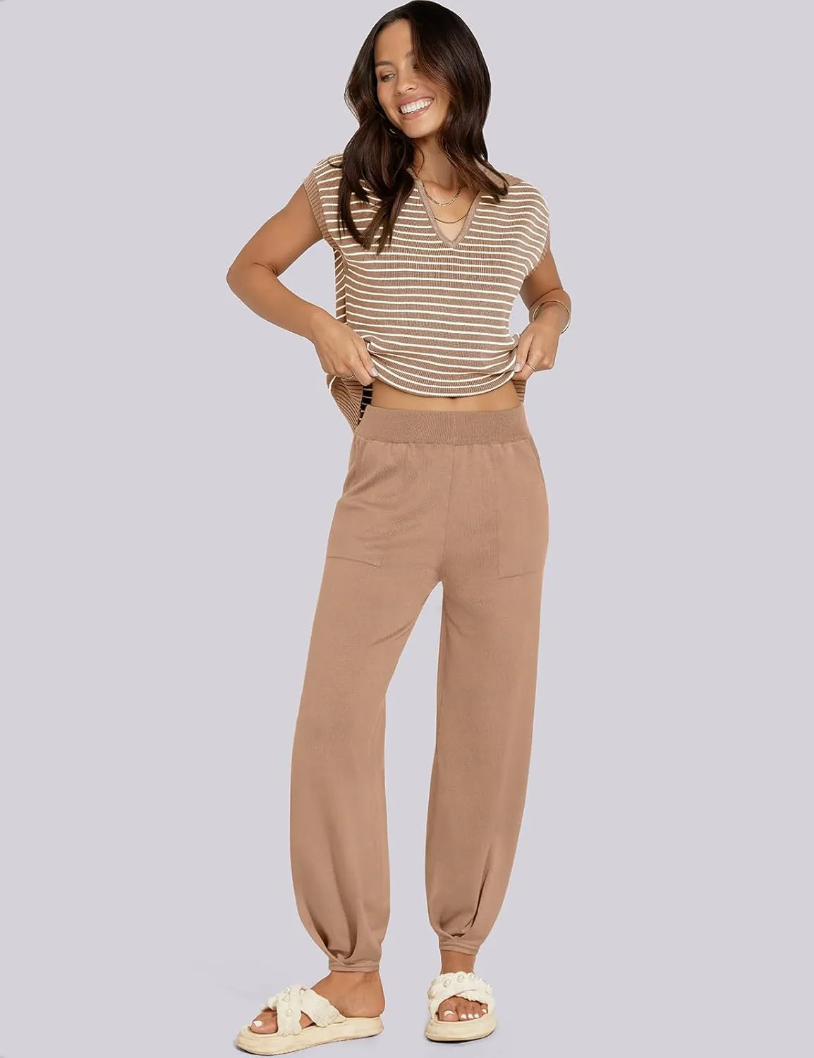 UEU Women's 2 Piece Outfits 2025 Summer Striped Knit Sweater Vest Top & Pants Casual Travel Matching Trendy Lounge Sets