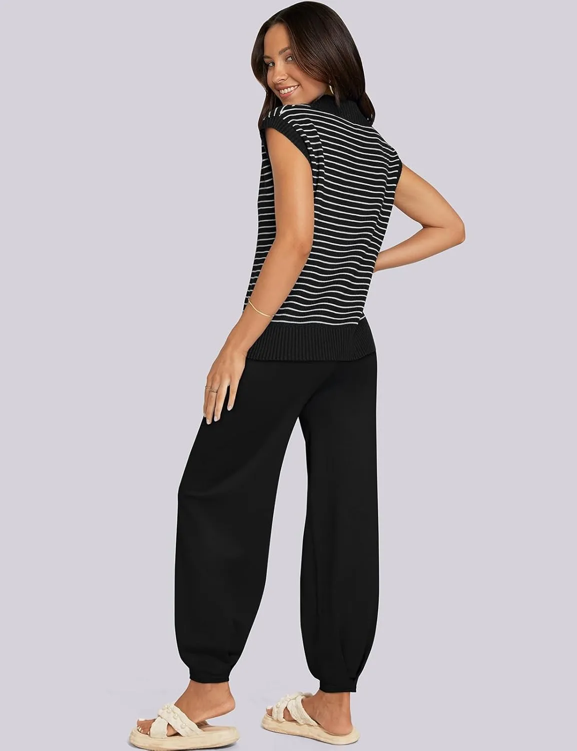 UEU Women's 2 Piece Outfits 2025 Summer Striped Knit Sweater Vest Top & Pants Casual Travel Matching Trendy Lounge Sets