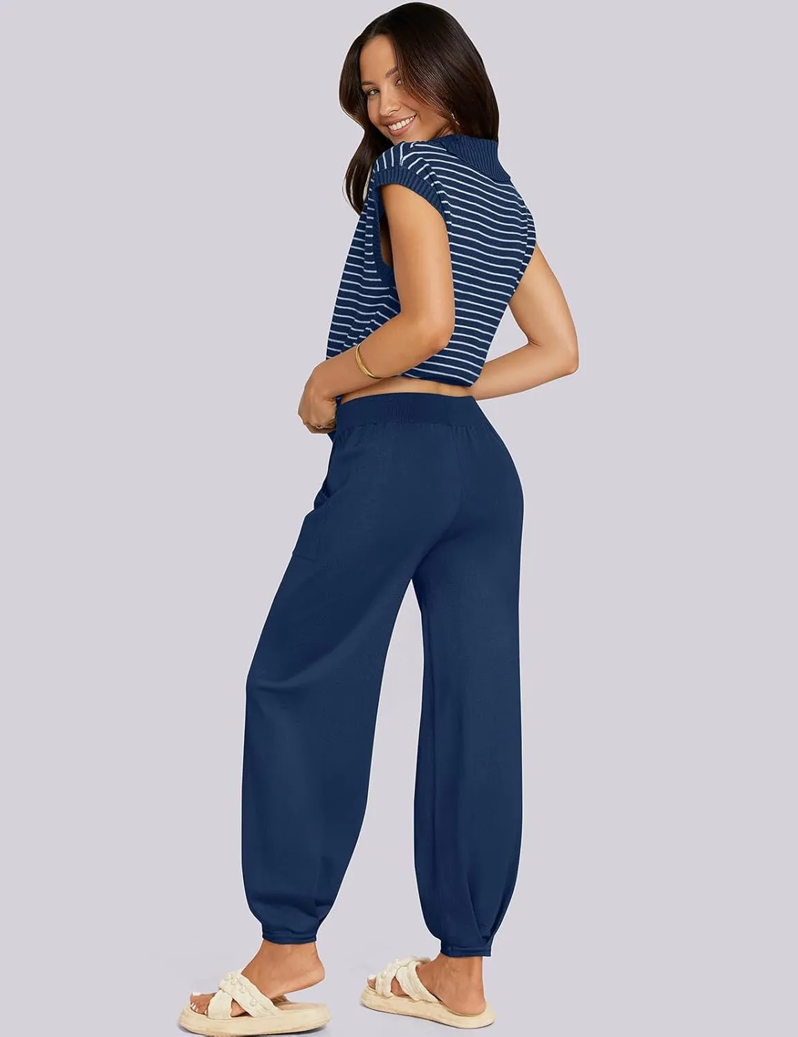 UEU Women's 2 Piece Outfits 2025 Summer Striped Knit Sweater Vest Top & Pants Casual Travel Matching Trendy Lounge Sets