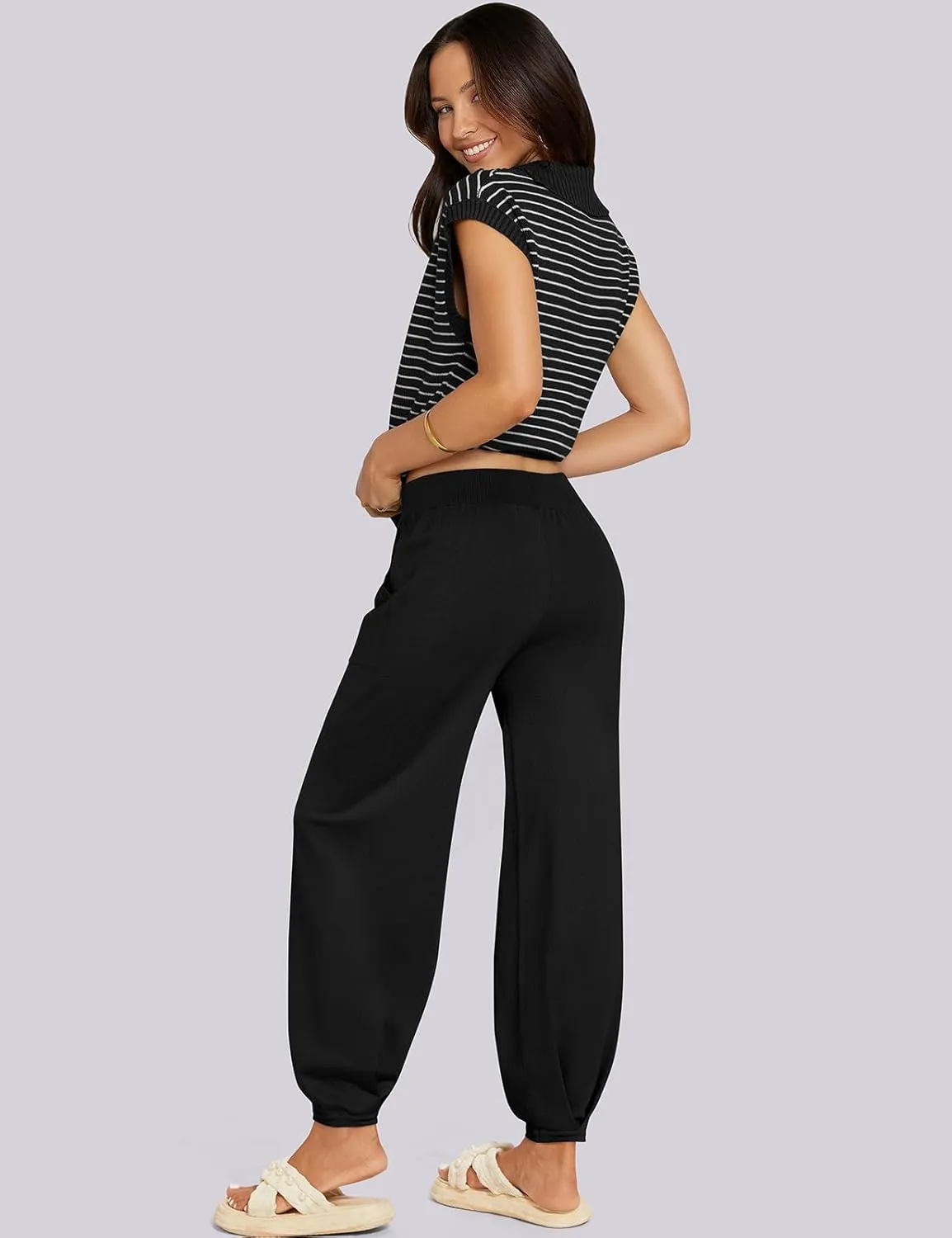 UEU Women's 2 Piece Outfits 2025 Summer Striped Knit Sweater Vest Top & Pants Casual Travel Matching Trendy Lounge Sets