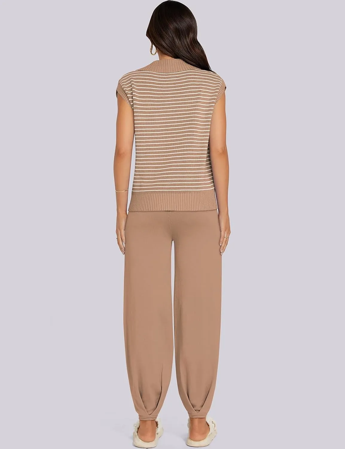 UEU Women's 2 Piece Outfits 2025 Summer Striped Knit Sweater Vest Top & Pants Casual Travel Matching Trendy Lounge Sets