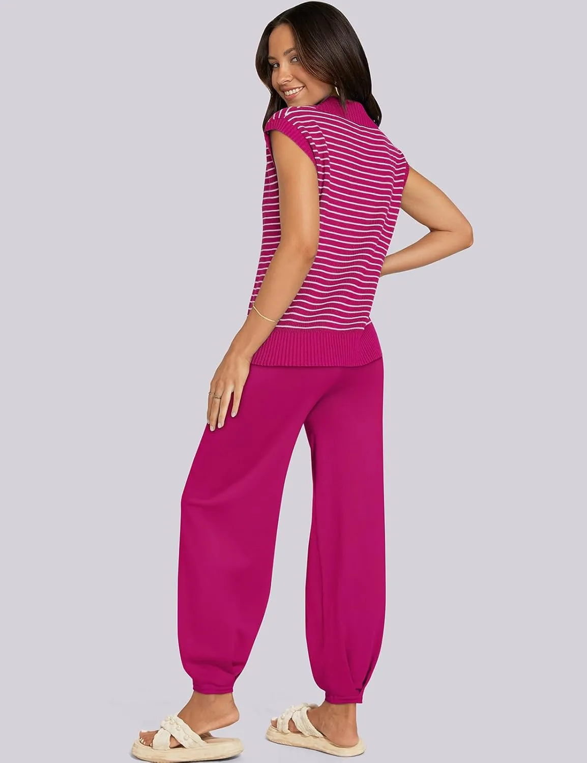 UEU Women's 2 Piece Outfits 2025 Summer Striped Knit Sweater Vest Top & Pants Casual Travel Matching Trendy Lounge Sets