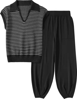 UEU Women's 2 Piece Outfits 2025 Summer Striped Knit Sweater Vest Top & Pants Casual Travel Matching Trendy Lounge Sets