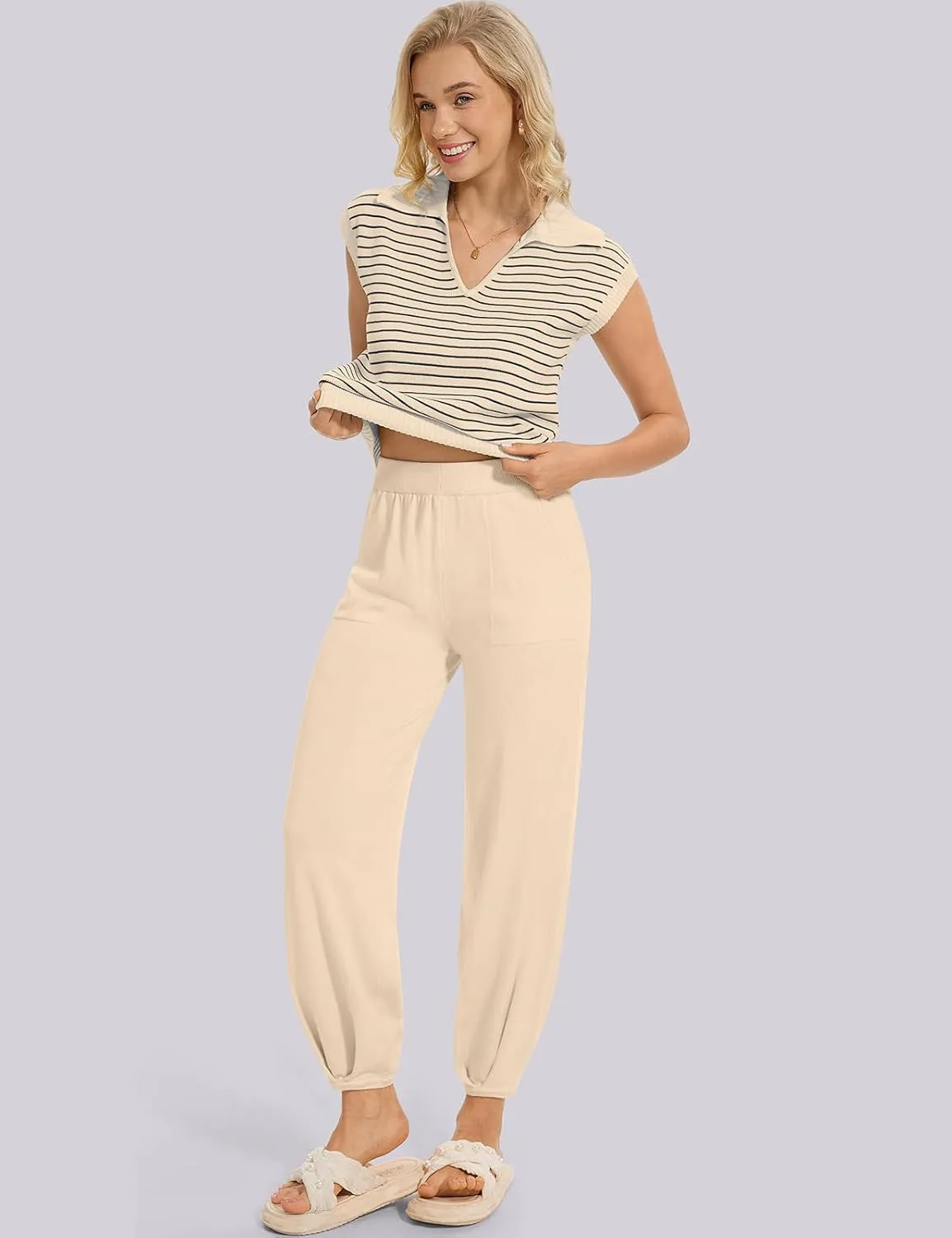 UEU Women's 2 Piece Outfits 2025 Summer Striped Knit Sweater Vest Top & Pants Casual Travel Matching Trendy Lounge Sets