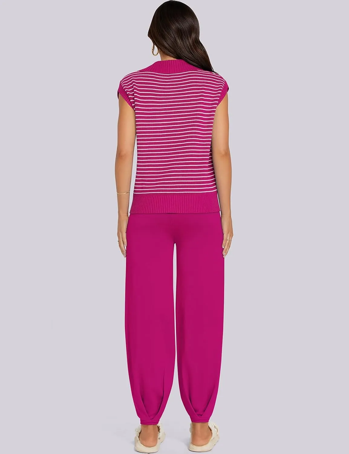 UEU Women's 2 Piece Outfits 2025 Summer Striped Knit Sweater Vest Top & Pants Casual Travel Matching Trendy Lounge Sets