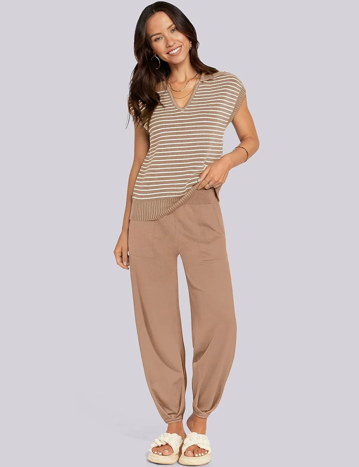 UEU Women's 2 Piece Outfits 2025 Summer Striped Knit Sweater Vest Top & Pants Casual Travel Matching Trendy Lounge Sets