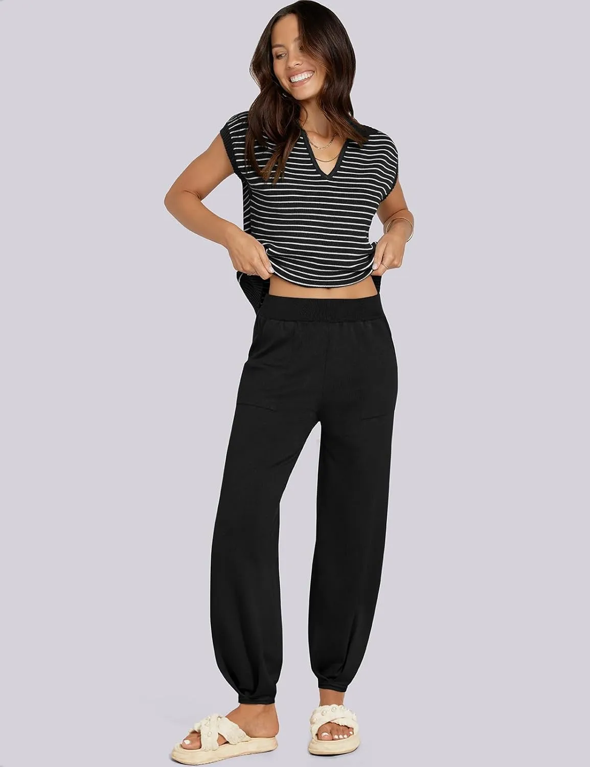 UEU Women's 2 Piece Outfits 2025 Summer Striped Knit Sweater Vest Top & Pants Casual Travel Matching Trendy Lounge Sets